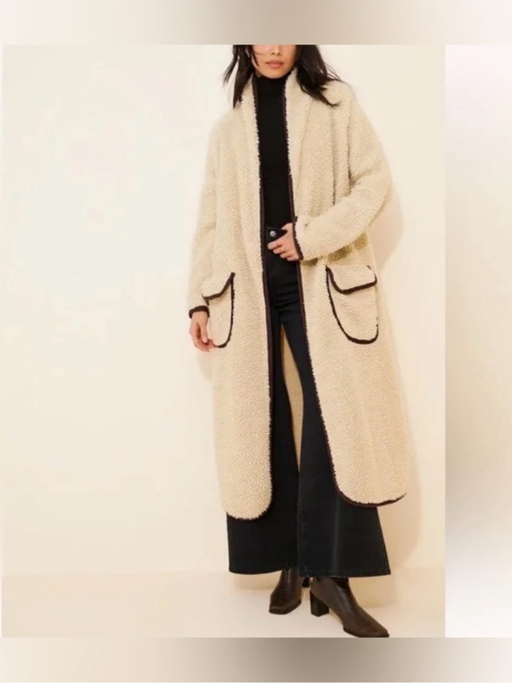 We The Free Cream Teddy Long Coat with Black Trim